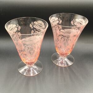 2 Vintage Tiffin-Franciscan Flanders Pink Iced Tea Glasses Etched Poppies EUC